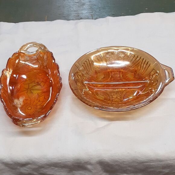 Set of 2 Vintage amber iridescent marigold carnival Indiana glass candy/relish - Picture 1 of 10